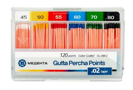 Штифты гуттаперчевые эндоканальные Медента конусность 02 №45-80 (уп.120шт/12уп)*